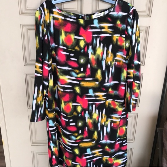 Tildon Dress Multi Color Deep Slit Back SzL Junior Long Sleeves Round Cute Dres - Picture 5 of 16